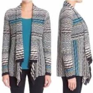 NIC+Zoe Teal Black Stripe Draped Front Linen Blend Longline Cardigan Womens Sz M